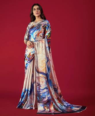 designer satin saree in cream base with multicolor print 1