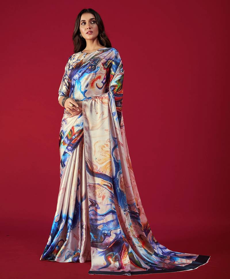Printed Satin Saree With Blouse Piece