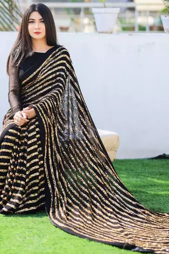 black faux georgette saree with golden sequin work