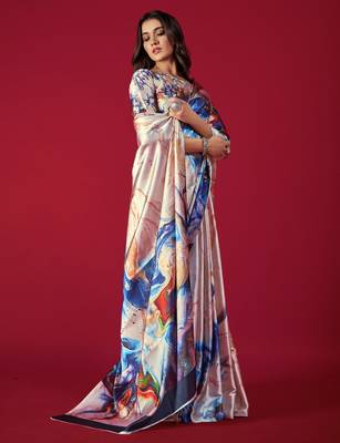 designer satin saree in cream base with multicolor print 2