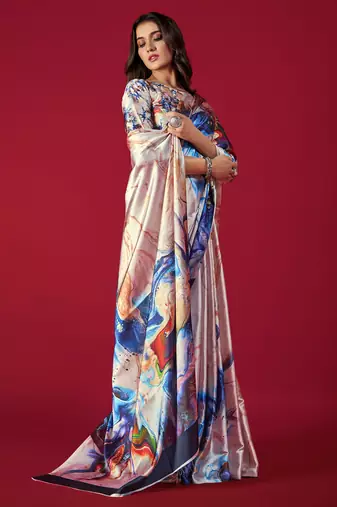 designer satin saree in cream base with multicolor print
