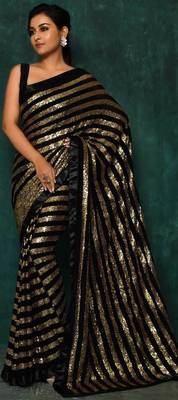 black faux georgette saree with golden sequin work 3