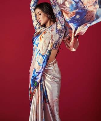 designer satin saree in cream base with multicolor print 3