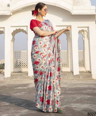 light blue floral printed satin saree with red blouse piece 1