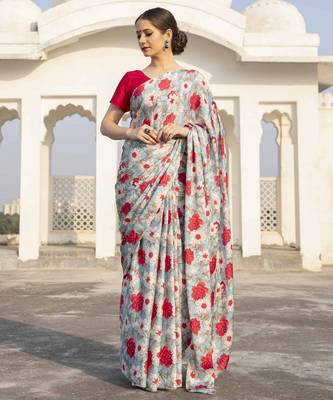 light blue floral printed satin saree with red blouse piece 2