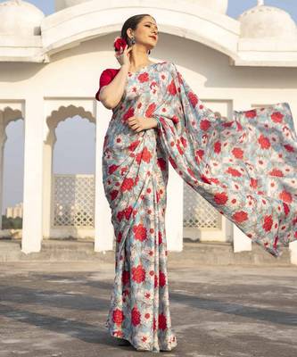 light blue floral printed satin saree with red blouse piece 3