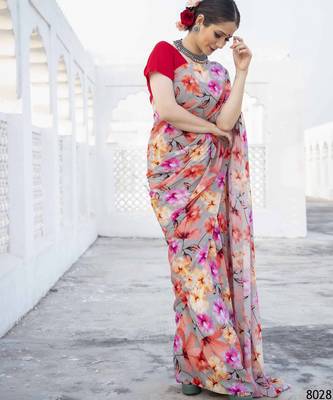 grey floral printed satin saree with red blouse piece 1