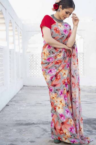 grey floral printed satin saree with red blouse piece