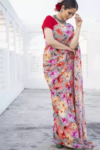 Printed Satin Saree With Blouse Piece