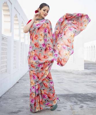 grey floral printed satin saree with red blouse piece 2