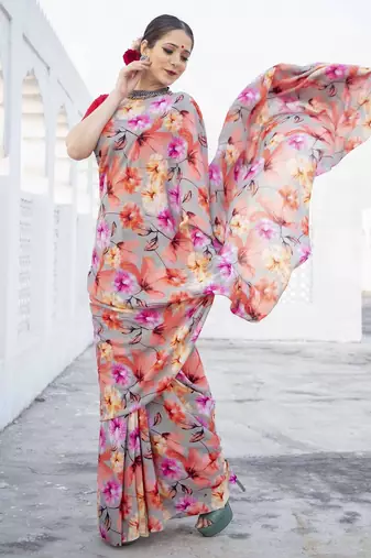 grey floral printed satin saree with red blouse piece