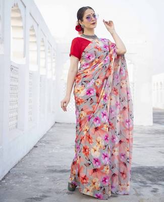 grey floral printed satin saree with red blouse piece 3