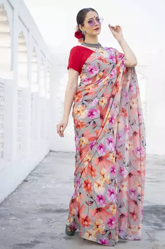 grey floral printed satin saree with red blouse piece