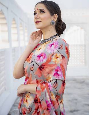 grey floral printed satin saree with red blouse piece 4