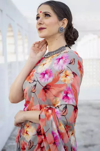 grey floral printed satin saree with red blouse piece