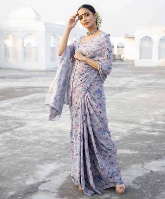lavender grey printed satin saree with white blouse piece 1