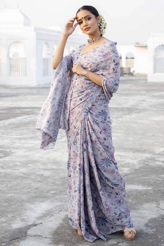 Printed Satin Saree With Blouse Piece