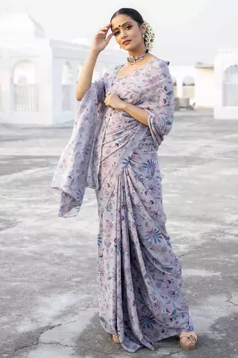 Printed Satin Saree With Blouse Piece