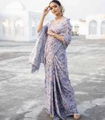 lavender grey printed satin saree with white blouse piece