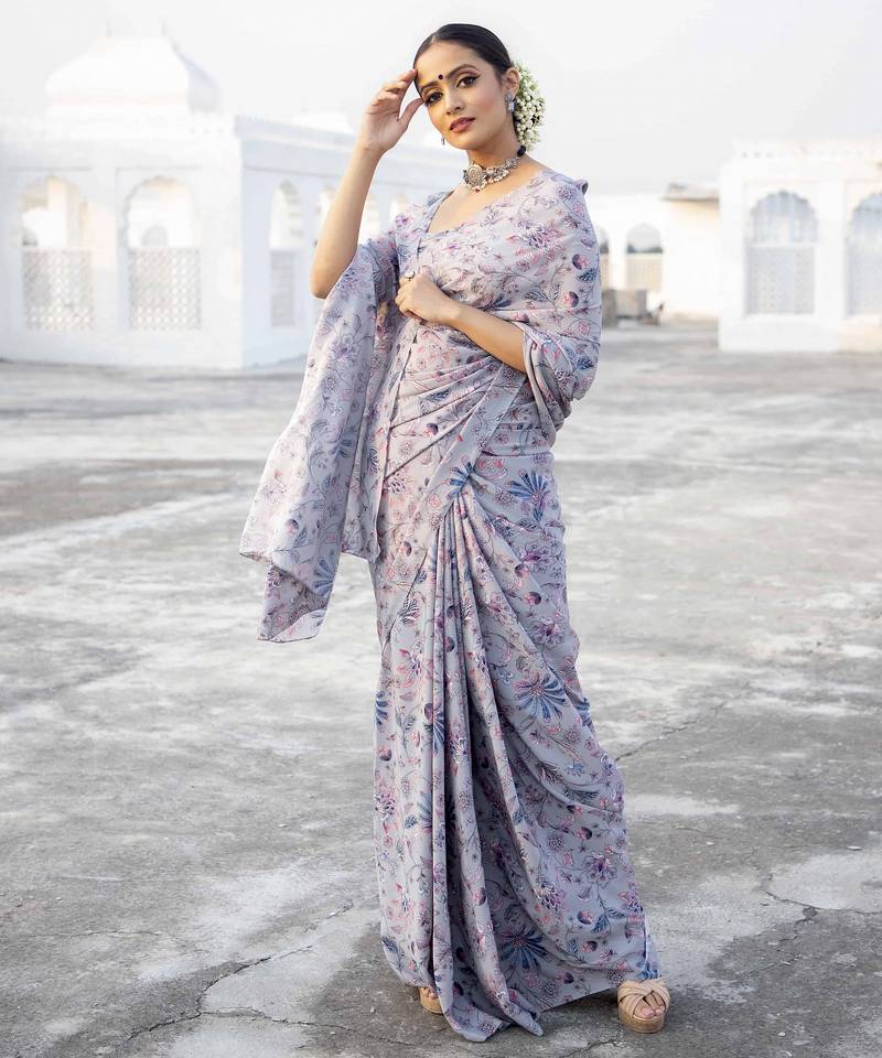 Printed Satin Saree With Blouse Piece