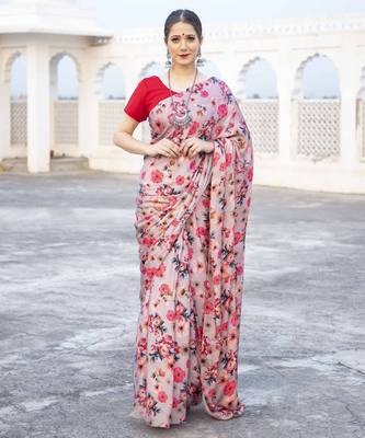 beige pink floral printed satin saree with contrast blouse 1