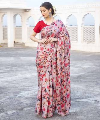 beige pink floral printed satin saree with contrast blouse 2