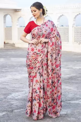 beige pink floral printed satin saree with contrast blouse