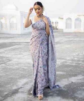 lavender grey printed satin saree with white blouse piece 2