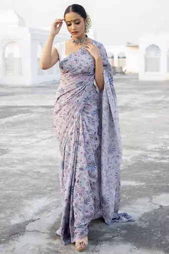 lavender grey printed satin saree with white blouse piece