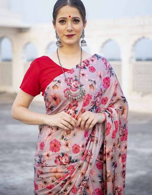 beige pink floral printed satin saree with contrast blouse 3