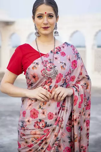 beige pink floral printed satin saree with contrast blouse