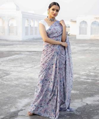 lavender grey printed satin saree with white blouse piece 3