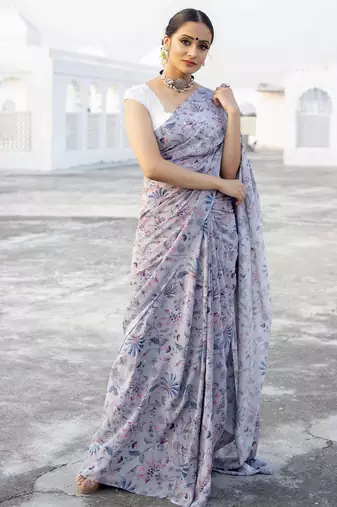 lavender grey printed satin saree with white blouse piece