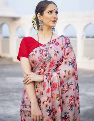 beige pink floral printed satin saree with contrast blouse 4