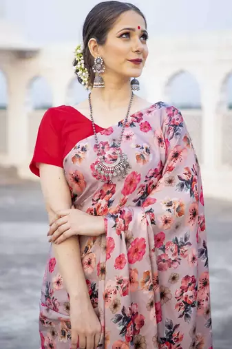 beige pink floral printed satin saree with contrast blouse