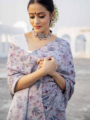 lavender grey printed satin saree with white blouse piece 4