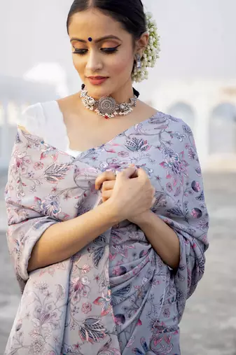 lavender grey printed satin saree with white blouse piece