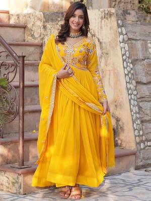 Artistic Yellow Thread Work Georgette Haldi Wear Gown With Dupatta 1
