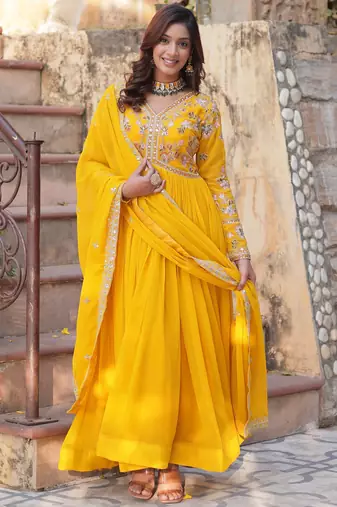 Artistic Yellow Thread Work Georgette Haldi Wear Gown With Dupatta