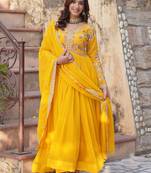 Artistic Yellow Thread Work Georgette Haldi Wear Gown With Dupatta