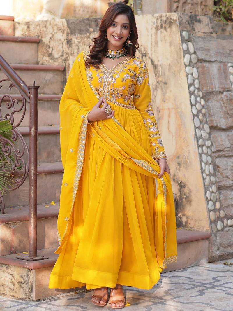 Artistic Yellow Thread Work Georgette Haldi Wear Gown With Dupatta
