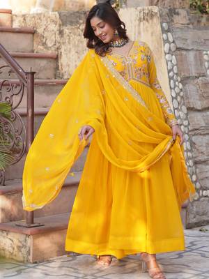 Artistic Yellow Thread Work Georgette Haldi Wear Gown With Dupatta 3