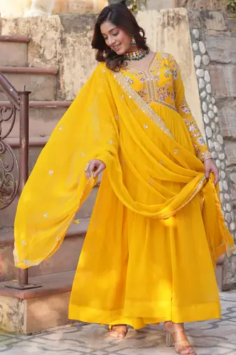 Artistic Yellow Thread Work Georgette Haldi Wear Gown With Dupatta