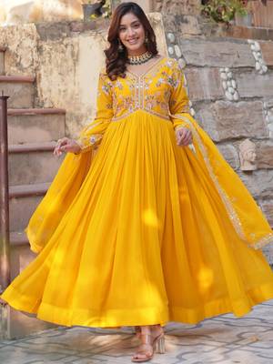 Artistic Yellow Thread Work Georgette Haldi Wear Gown With Dupatta 4