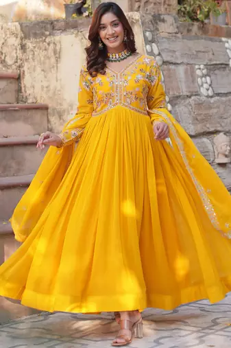 Artistic Yellow Thread Work Georgette Haldi Wear Gown With Dupatta