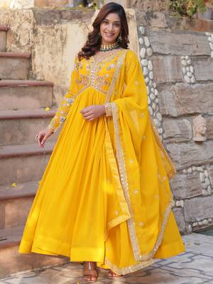 Artistic Yellow Thread Work Georgette Haldi Wear Gown With Dupatta 5