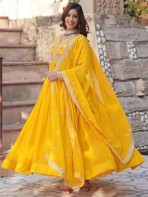 Artistic Yellow Thread Work Georgette Haldi Wear Gown With Dupatta 6