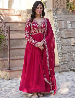 Noteworthy Pink Floral Work Georgette Engagement Wear Gown With Dupatta 1