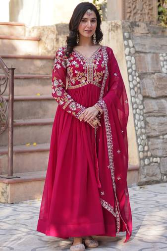 Noteworthy Pink Floral Work Georgette Engagement Wear Gown With Dupatta