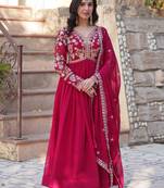 Noteworthy Pink Floral Work Georgette Engagement Wear Gown With Dupatta